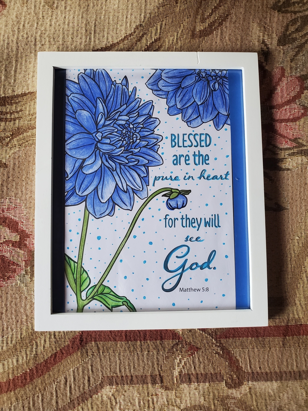 Hand Crafted Blue Floral Scripture Art Print - White Frame